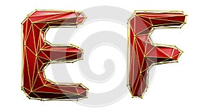 Set of letters E, F made of realistic 3d render red color. Collection of low polly style alphabet isolated on white