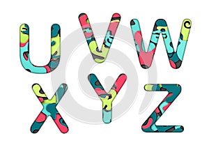 Set of letters font u, v, w, x, y, z. Multilayer colorful letters. Paper art carving. Creative typography characters