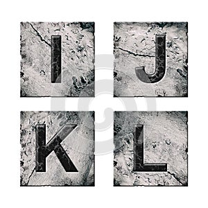 Set, letters I, J, K, and L. Alphabet on stone blocks. Isolated on white background. Education.