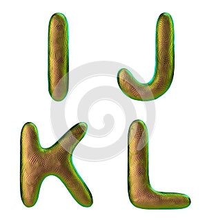 Set of letters I, J, K, L made of realistic 3d render natural gold snake skin texture.