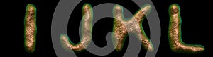 Set of letters I, J, K, L made of realistic 3d render natural gold snake skin texture.