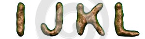 Set of letters I, J, K, L made of realistic 3d render natural gold snake skin texture.