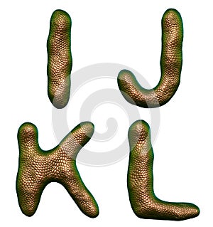 Set of letters I, J, K, L made of realistic 3d render natural gold snake skin texture.
