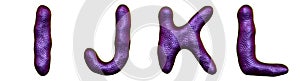 Set of letters I, J, K, L made of realistic 3d render natural purple snake skin texture.