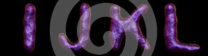 Set of letters I, J, K, L made of realistic 3d render natural purple snake skin texture.