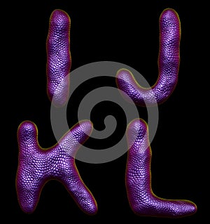 Set of letters I, J, K, L made of realistic 3d render natural purple snake skin texture.