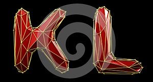 Set of letters K, L made of realistic 3d render red color. Collection of low polly style alphabet isolated on black