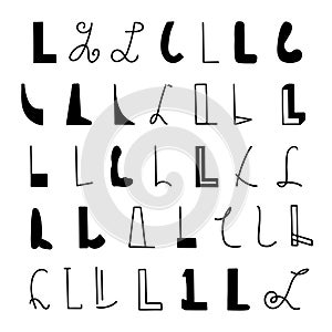 Set of letters L in different styles. Hand drawn lettering. Isolated on white background.