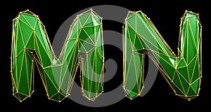 Set of letters M, N made of realistic 3d render green color. Collection of low polly style alphabet isolated on black