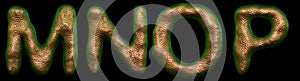 Set of letters M, N, O, P made of realistic 3d render natural gold snake skin texture.