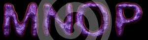 Set of letters M, N, O, P made of realistic 3d render natural purple snake skin texture.