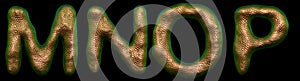 Set of letters M, N, O, P made of realistic 3d render natural gold snake skin texture. photo