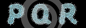 Set of letters made of virus isolated on black background. Capital letter P, Q, R. 3d rendering. Covid font