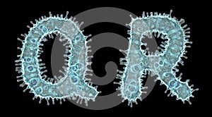 Set of letters made of virus isolated on black background. Capital letter Q, R. 3d rendering. Covid font