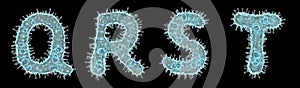 Set of letters made of virus isolated on black background. Capital letter Q, R, S, T. 3d rendering. Covid font