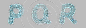 Set of letters made of virus isolated on gray background. Capital letter P, Q, R. 3d rendering. Covid font