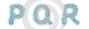 Set of letters made of virus isolated on white background. Capital letter P, Q, R. 3d rendering. Covid font