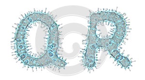 Set of letters made of virus isolated on white background. Capital letter Q, R. 3d rendering. Covid font