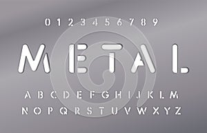 Set of letters and numbers in metal plate. Metallic material style of alphabet. Steel plate with font. Typography design