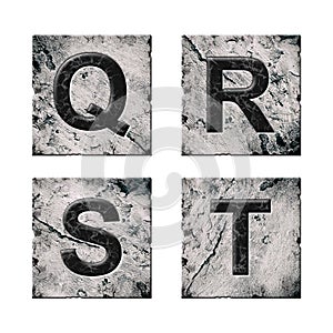 Set, letters Q, R, S, and T. Alphabet on stone blocks. Isolated on white background. Education