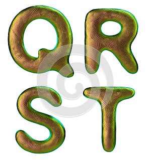 Set of letters Q, R, S, T made of realistic 3d render natural gold snake skin texture.