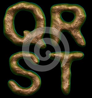 Set of letters Q, R, S, T made of realistic 3d render natural gold snake skin texture.