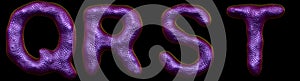 Set of letters Q, R, S, T made of realistic 3d render natural purple snake skin texture.