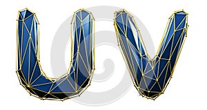 Set of letters U, V made of realistic 3d render blue color. Collection of low polly style alphabet isolated on white