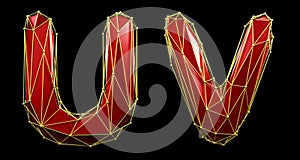 Set of letters U, V made of realistic 3d render red color. Collection of low polly style alphabet isolated on black