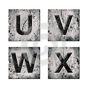 Set, letters U, V, W, and X. Alphabet on stone blocks. Isolated on white background. Education