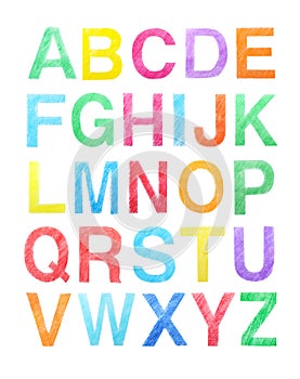 Set of letters written with color pencils on background, top view