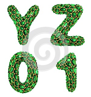 Set of letters Y, Z and number 0, 1 made of realistic 3d render green diamond. Collection of Diamond alphabet