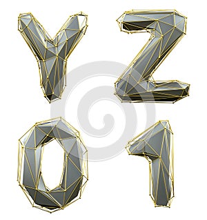 Set of letters Y, Z and number 0, 1 made of realistic 3d render silver color. Collection of gold low polly style