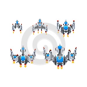 Set of level up of cute little spaceships, vintage game hero in pixel art style on white