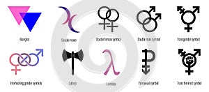 Set of LGBT symbols. Biangles, Double moon, Double female symbol, Double male symbol, Labrys, Lambda and others