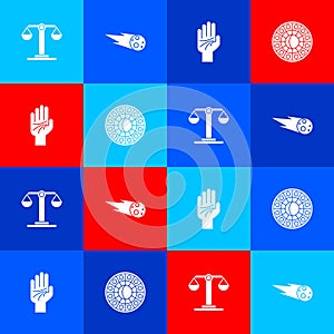 Set Libra zodiac, Comet falling down fast, Palmistry of the hand and Astrology horoscope circle icon. Vector