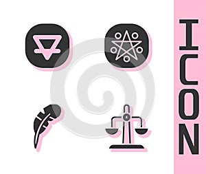 Set Libra zodiac, Earth element, Feather pen and Pentagram in circle icon. Vector