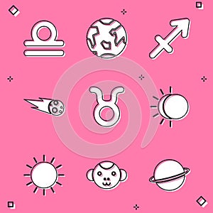 Set Libra zodiac, Planet Earth, Sagittarius, Comet falling down fast, Taurus, Eclipse of the sun, Sun and Monkey icon