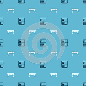 Set Library bookshelf and Office desk on seamless pattern. Vector