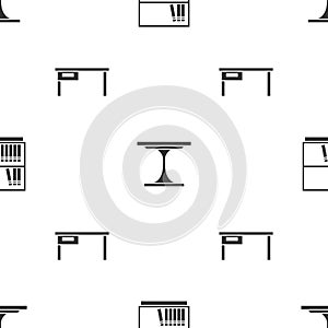 Set Library bookshelf, Round table and Office desk on seamless pattern. Vector