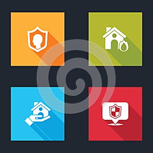 Set Life insurance with shield, Fire burning house, House and Location icon. Vector