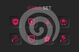 Set Life insurance with shield, Shield dollar, House flood, hand, jacket and Umbrella icon. Vector