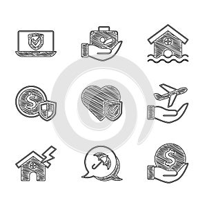 Set Life insurance with shield, Umbrella, Money, Plane hand, House lightning, flood and Insurance online icon. Vector