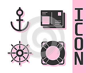Set Lifebuoy, Anchor, Ship steering wheel and Passport with visa stamp icon. Vector