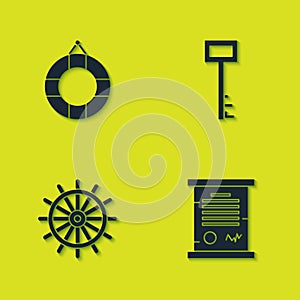 Set Lifebuoy, Decree, parchment, scroll, Ship steering wheel and Pirate key icon. Vector