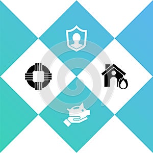 Set Lifebuoy, Piggy bank, insurance with shield and Fire burning house icon. Vector