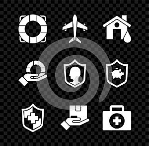 Set Lifebuoy, Plane, House flood, insurance with shield, Delivery, First aid kit, hand and icon. Vector