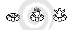 Set lifebuoy with raised hand icons. Editable Vector Stroke.