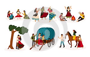 Set of lifestyle scenes with gypsies or Romani people performing various activities - riding horse, playing guitar and photo