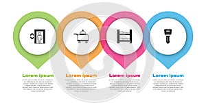 Set Lift, Covered with tray of food, Hotel room bed and door lock key. Business infographic template. Vector